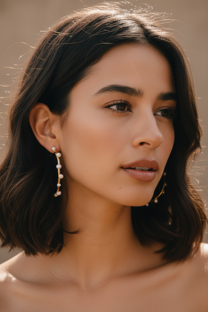 Isla Pearl Hoop Earrings - Dark-Haired Model Portrait